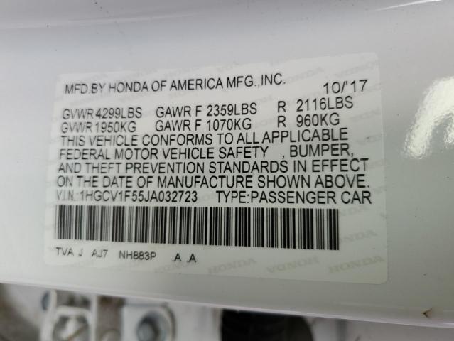 1HGCV1F55JA032723 - 2018 HONDA ACCORD EXL WHITE photo 10