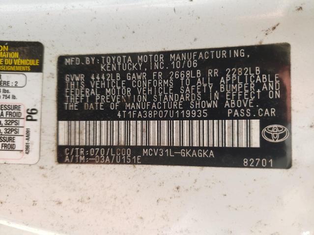 4T1FA38P07U119935 - 2007 TOYOTA CAMRY SOLA WHITE photo 10