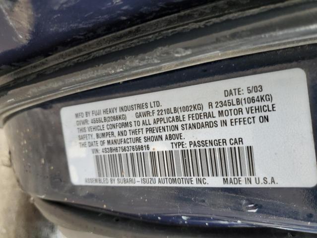 4S3BH675637659816 - 2003 SUBARU LEGACY OUT BLUE photo 10