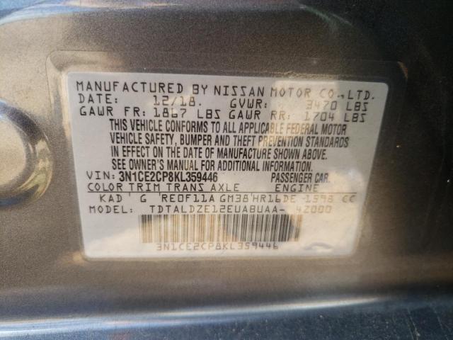 3N1CE2CP8KL359446 - 2019 NISSAN VERSA NOTE GRAY photo 10