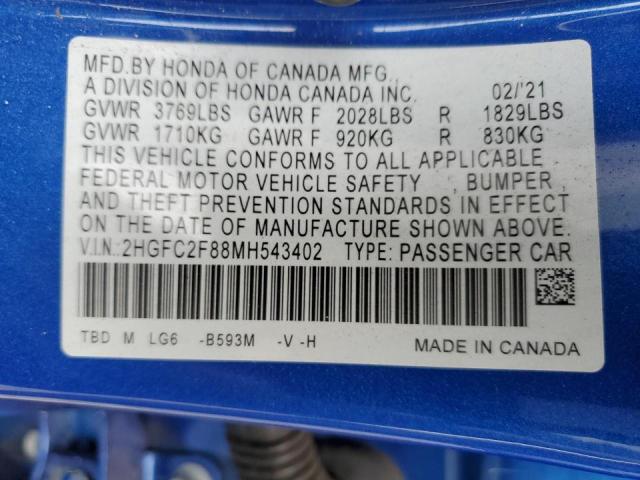 2HGFC2F88MH543402 - 2021 HONDA CIVIC SPOR BLUE photo 10