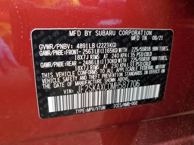 JF2SKAXC0MH587706 - 2021 SUBARU FORESTER T RED photo 10