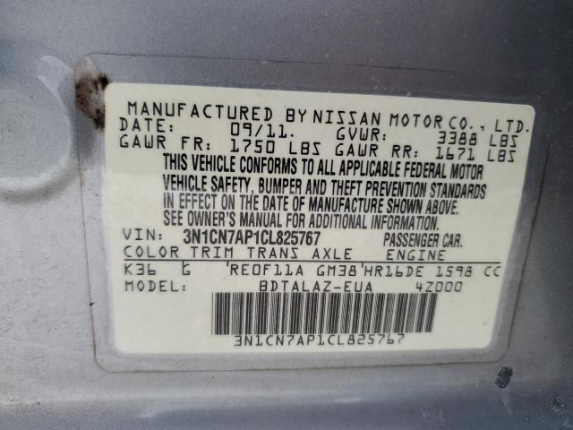 3N1CN7AP1CL825767 - 2012 NISSAN VERSA S SILVER photo 10