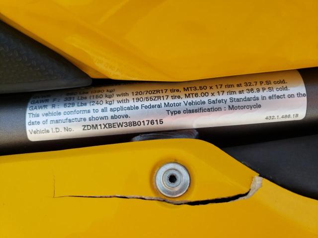 ZDM1XBEW38B017615 - 2008 DUCATI 1098 BASE YELLOW photo 10