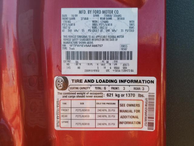 1FTFW1EV9AFA66757 - 2010 FORD F-150 RED photo 10