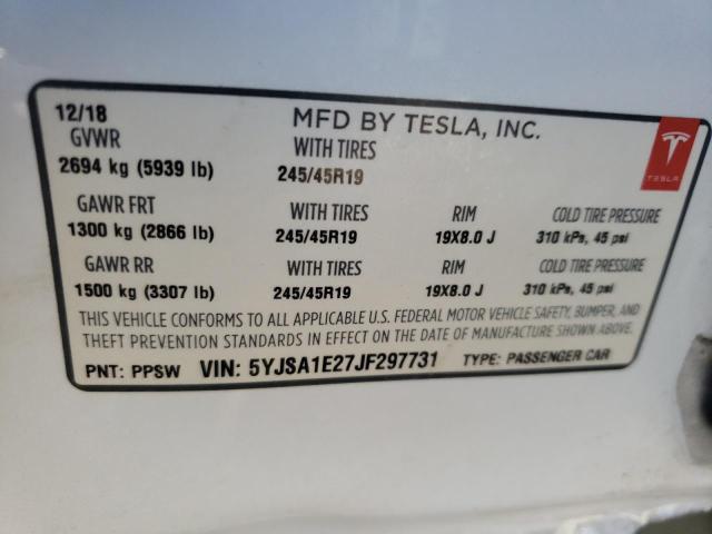 5YJSA1E27JF297731 - 2018 TESLA MODEL S Blanco foto 10