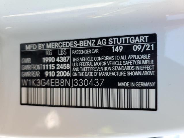 W1K3G4EB8NJ330437 - 2022 MERCEDES-BENZ A 220 WHITE photo 10