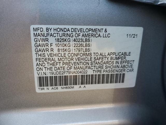 19UDE2F79NA004022 - 2022 ACURA ILX PREMIU SILVER photo 10