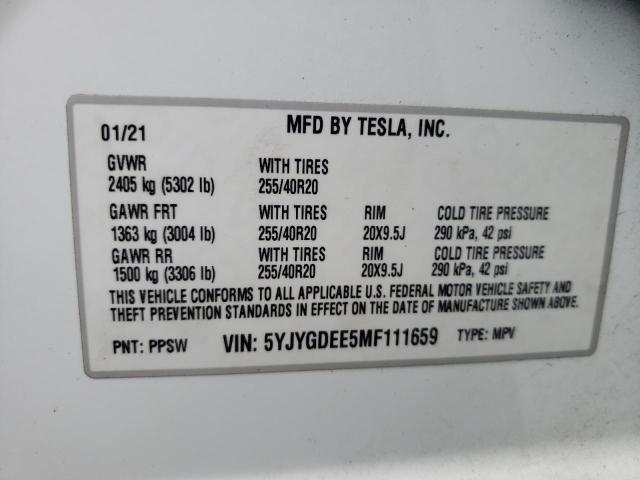 5YJYGDEE5MF111659 - 2021 TESLA MODEL Y أبيض صورة 10