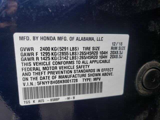 5FNYF8H08KB001728 - 2019 HONDA PASSPORT E 蓝色 照片 10