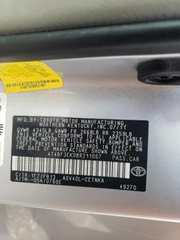 4T4BF3EK0BR211067 - 2011 TOYOTA CAMRY BASE SILVER photo 10