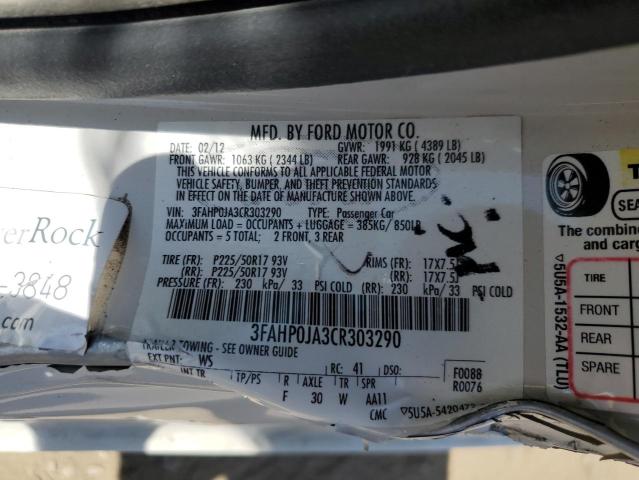 3FAHP0JA3CR303290 - 2012 FORD FUSION SEL WHITE photo 10