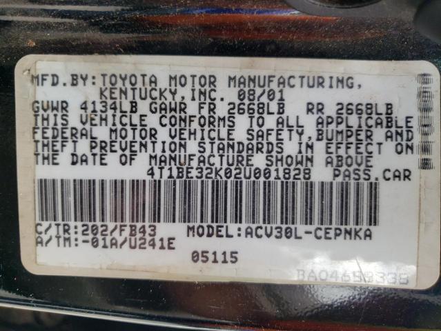 4T1BE32K02U001828 - 2002 TOYOTA CAMRY LE  ფოტო 10