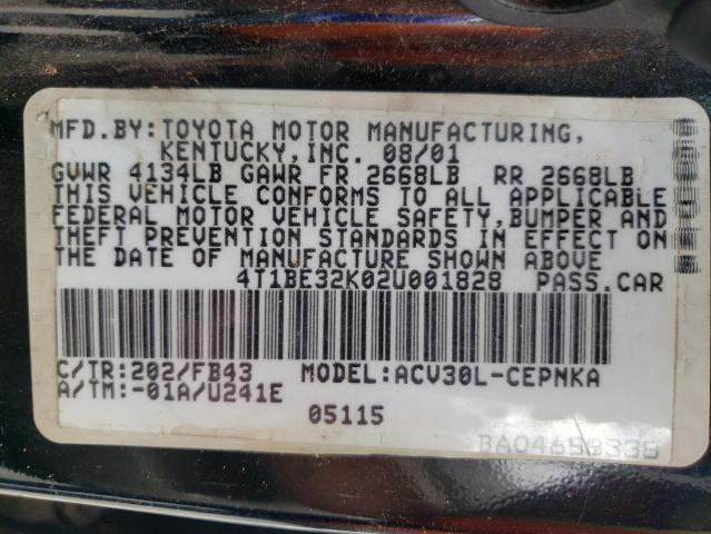 4T1BE32K02U001828 - 2002 TOYOTA CAMRY LE  photo 10