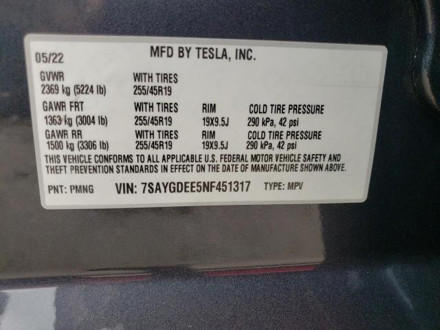 7SAYGDEE5NF451317 - 2022 TESLA MODEL Y Серый фото 10