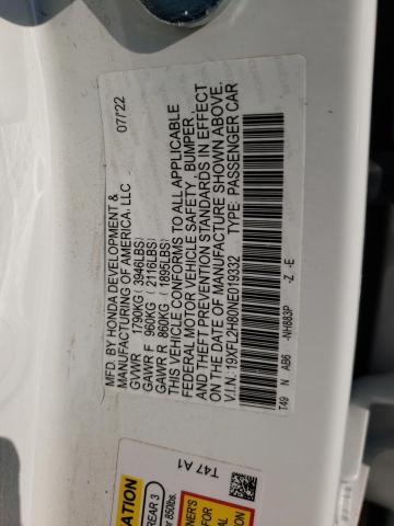 19XFL2H80NE019332 - 2022 HONDA CIVIC SPOR 白色 照片 10