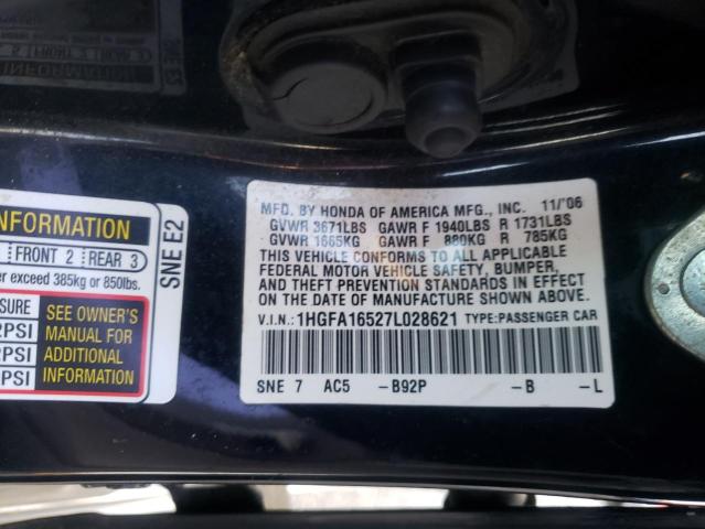 1HGFA16527L028621 - 2007 HONDA CIVIC LX BLACK photo 10