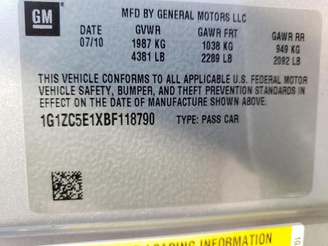 1G1ZC5E1XBF118790 - 2011 CHEVROLET MALIBU 1LT 银色 照片 10