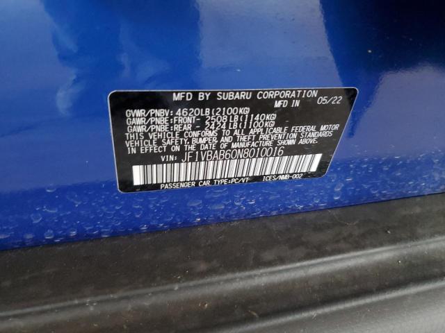 JF1VBAB60N8010016 - 2022 SUBARU WRX BLUE photo 10