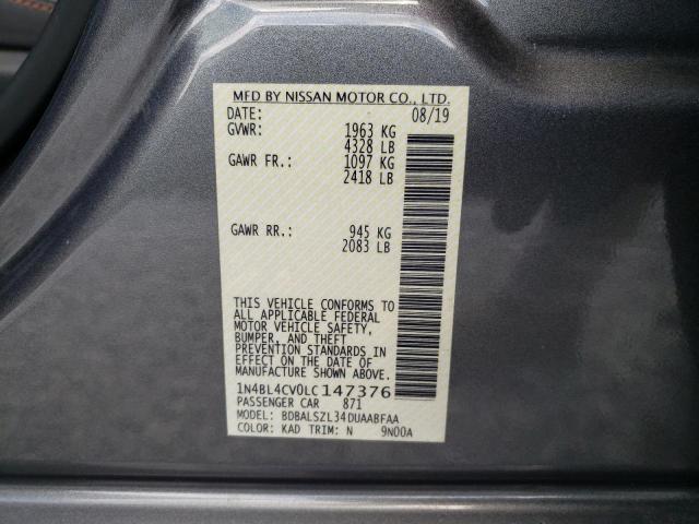 1N4BL4CV0LC147376 - 2020 NISSAN ALTIMA SR CHARCOAL photo 10