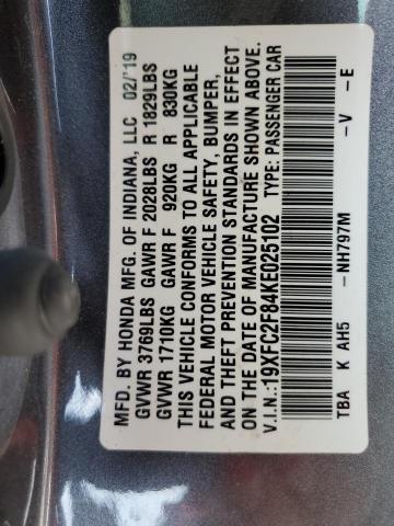 19XFC2F84KE025102 - 2019 HONDA CIVIC SPOR GRAY photo 10
