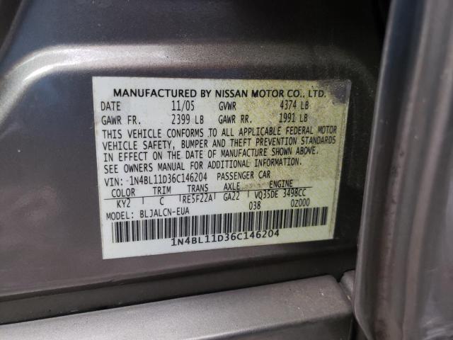 1N4BL11D36C146204 - 2006 NISSAN ALTIMA SE GOLD photo 10