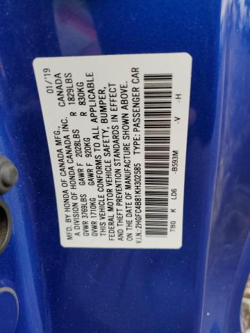 2HGFC4B81KH302585 - 2019 HONDA CIVIC SPOR BLUE photo 10