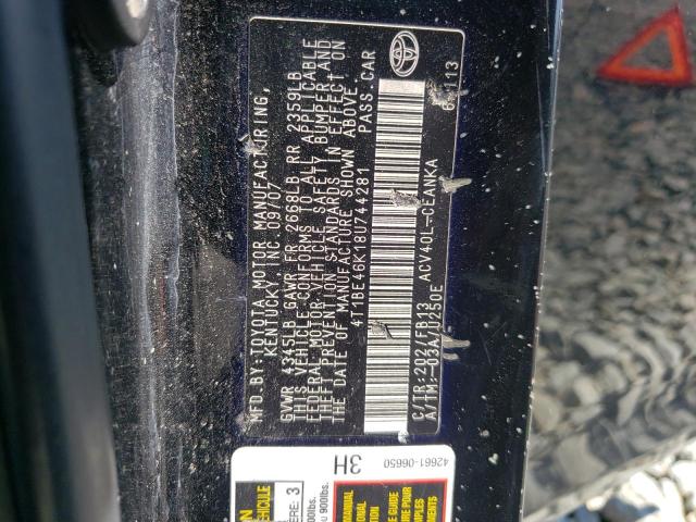 4T1BE46K18U744281 - 2008 TOYOTA CAMRY CE BLACK photo 10