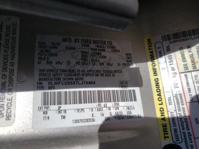 5LMFU28557LJ19464 - 2007 LINCOLN NAVIGATOR ვერცხლისფერი ფოტო 10