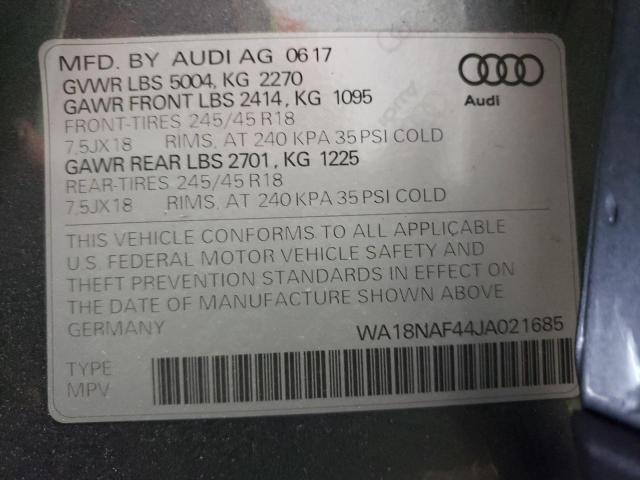 WA18NAF44JA021685 - 2018 AUDI A4 ALLROAD GRAY photo 10