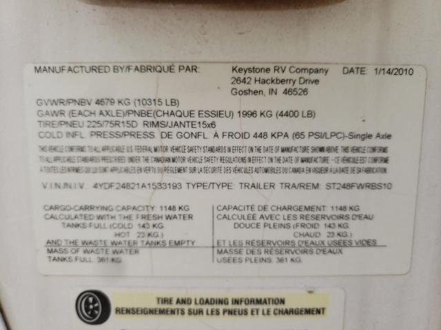 4YDF24821A1533193 - 2010 KEYSTONE SPRINTER WHITE photo 10