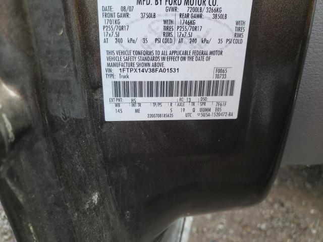 1FTPX14V38FA01531 - 2008 FORD F150 BROWN photo 10