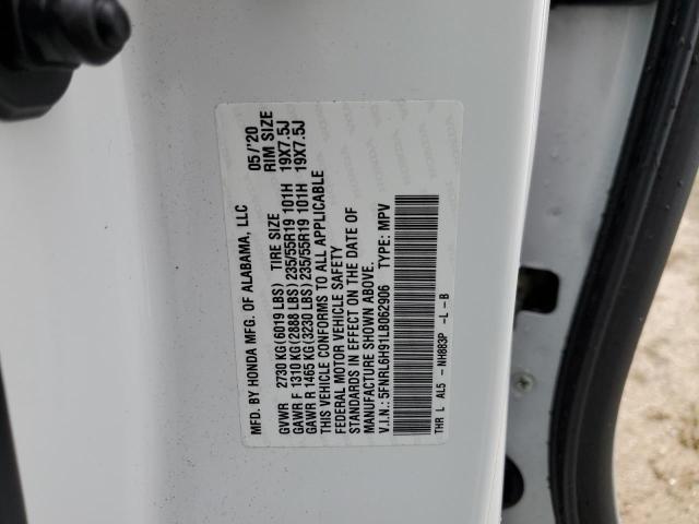 5FNRL6H91LB062906 - 2020 HONDA ODYSSEY EL WHITE photo 10