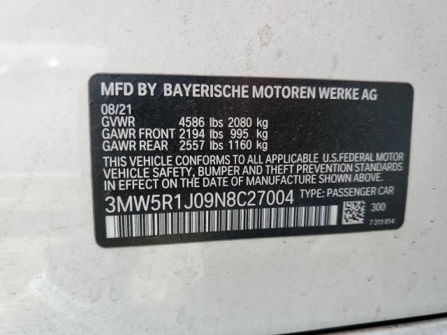 3MW5R1J09N8C27004 - 2022 BMW 330I WHITE photo 10
