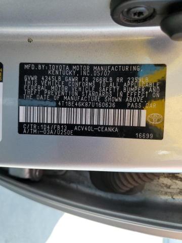 4T1BE46K87U160636 - 2007 TOYOTA CAMRY CE SILVER photo 10