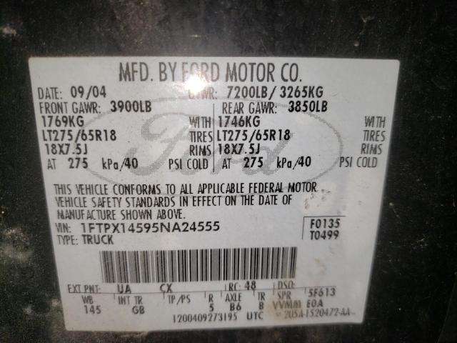 1FTPX14595NA24555 - 2005 FORD F150 BLACK photo 10