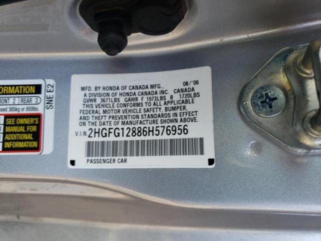 2HGFG12886H576956 - 2006 HONDA CIVIC EX SILVER photo 10