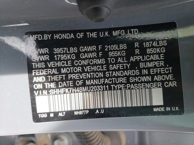 SHHFK7H48MU203311 - 2021 HONDA CIVIC SPOR 灰色 照片 10