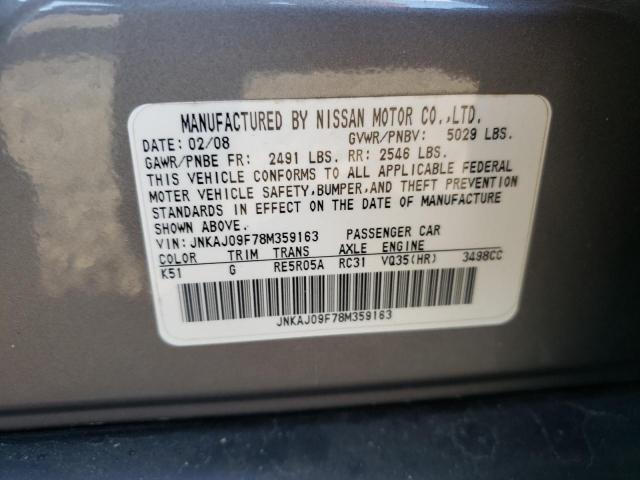 JNKAJ09F78M359163 - 2008 INFINITI EX35 BASE Գրաֆիտ լուսանկար 10