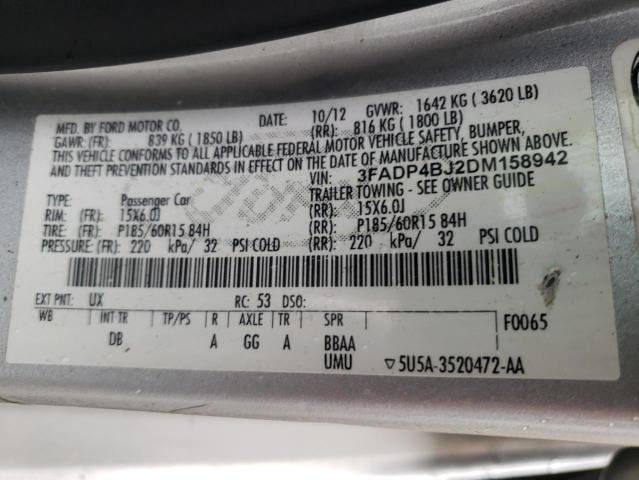 3FADP4BJ2DM158942 - 2013 FORD FIESTA SILVER photo 10