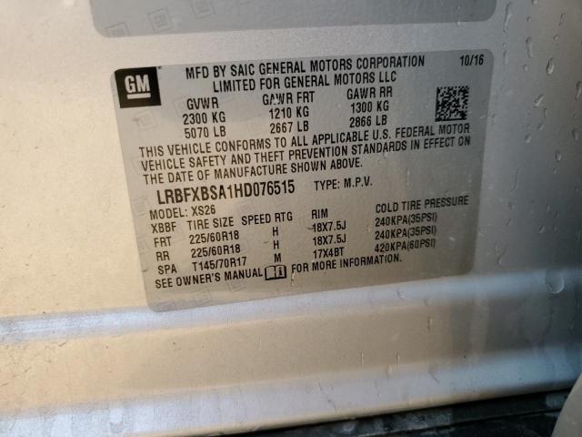 LRBFXBSA1HD076515 - 2017 BUICK ENVISION E SILVER photo 10