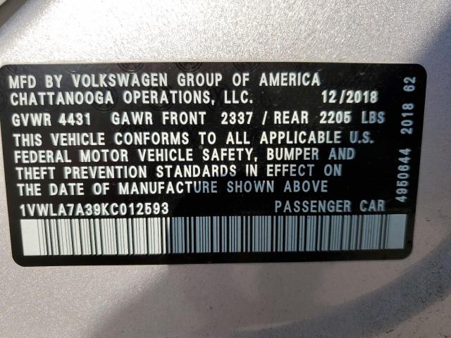 1VWLA7A39KC012593 - 2019 VOLKSWAGEN PASSAT WOL SILVER photo 10