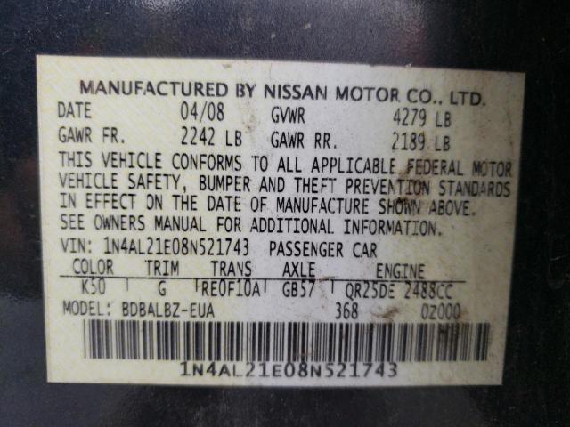 1N4AL21E08N521743 - 2008 NISSAN ALTIMA 2.5 GRAY photo 10