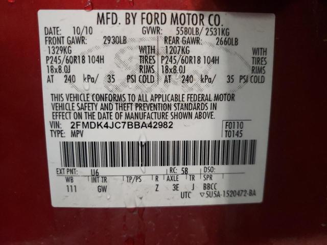 2FMDK4JC7BBA42982 - 2011 FORD EDGE RED photo 10