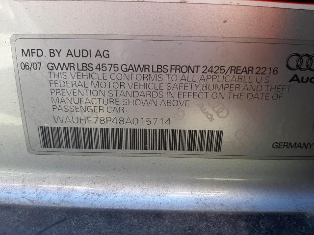 WAUHF78P48A015714 - 2008 AUDI A3 2.0 SILVER photo 10