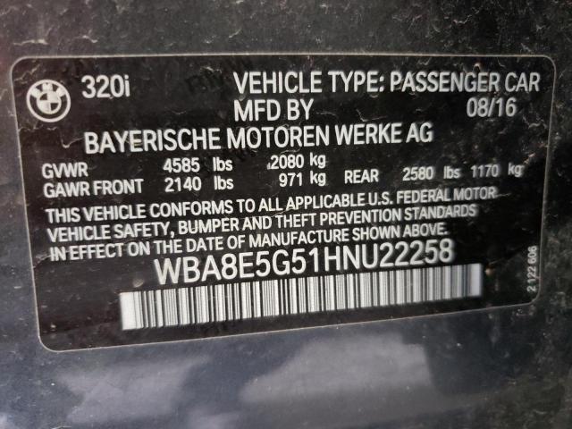 WBA8E5G51HNU22258 - 2017 BMW 320 XI GRAY photo 10