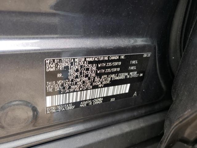 2T3A1RFV6LW137128 - 2020 TOYOTA RAV4 XLE P GRAY photo 10