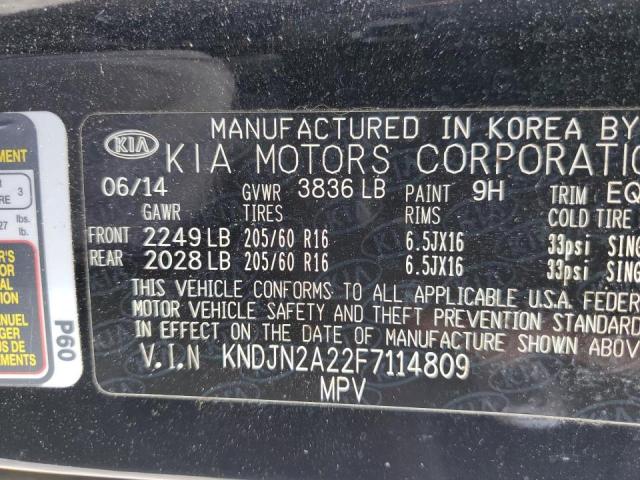 KNDJN2A22F7114809 - 2015 KIA SOUL BLACK photo 10