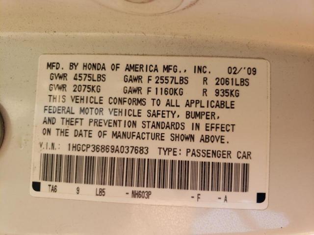 1HGCP36869A037683 - 2009 HONDA ACCORD EXL WHITE photo 10