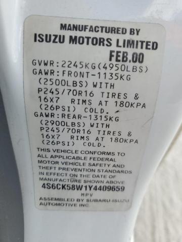 4S6CK58W1Y4409659 - 2000 HONDA PASSPORT E 白色 照片 10